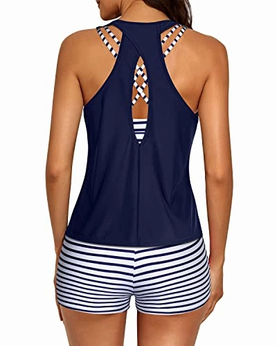 3 Piece Women's Scoop Neck Criss Cross Tankini Swimsuits-Blue White Stripe