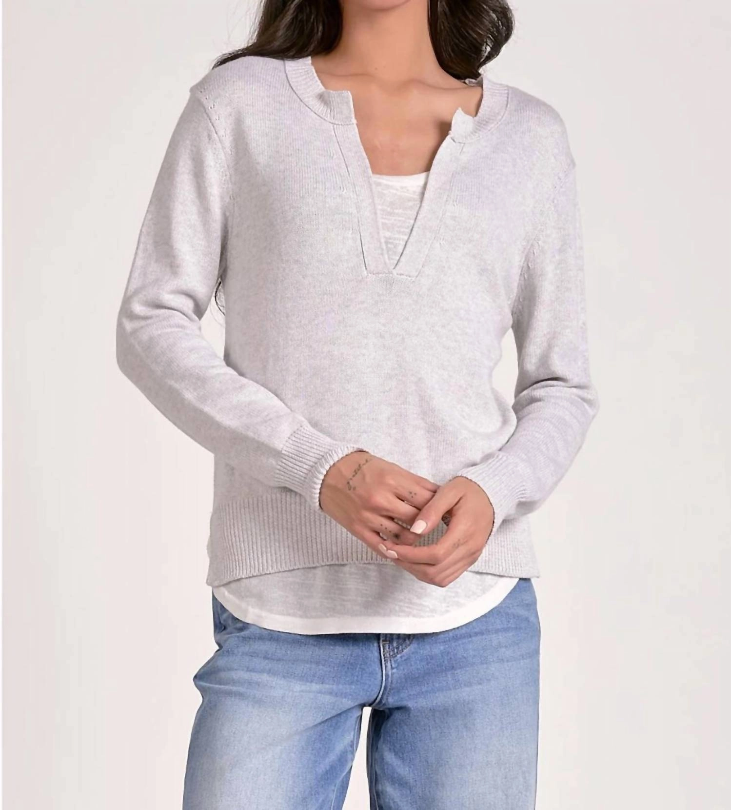 Angela V-Neck Layered Sweater In Grey/white