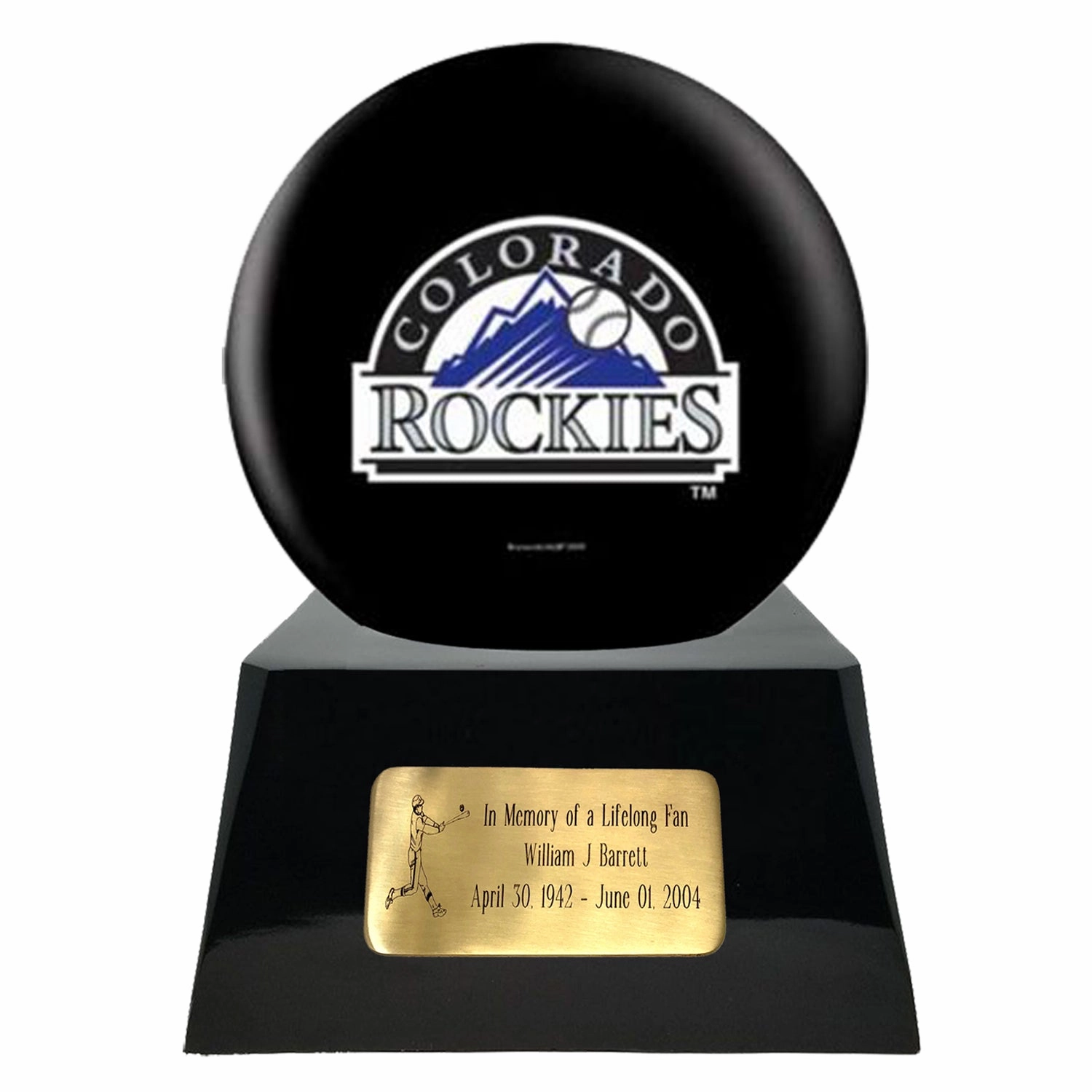Baseball Cremation Urn with Optional Colorado Rockies Ball Decor and Custom Metal Plaque