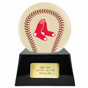 Baseball Cremation Urn with Optional Ivory Boston Red Sox Ball Decor and Custom Metal Plaque