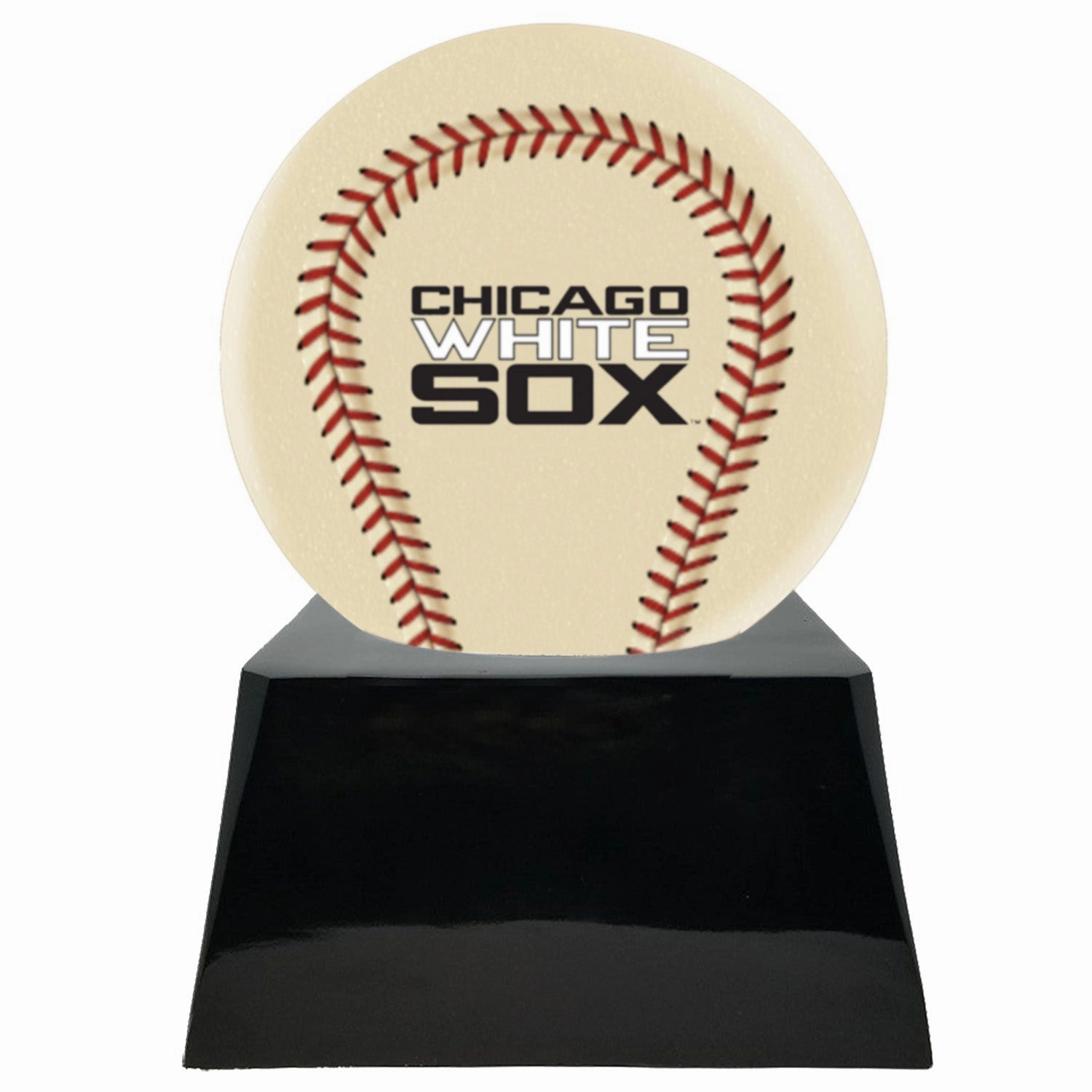 Baseball Cremation Urn with Optional Ivory Chicago White Sox Ball Decor and Custom Metal Plaque