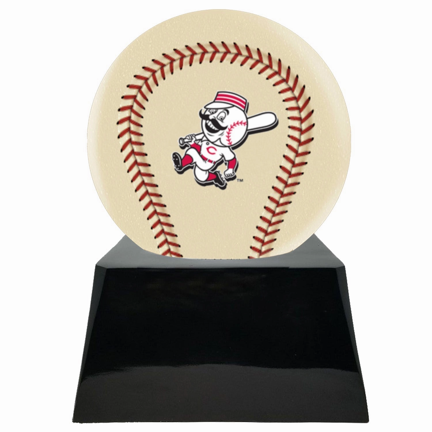 Baseball Cremation Urn with Optional Ivory Cincinnati Reds Ball Decor and Custom Metal Plaque