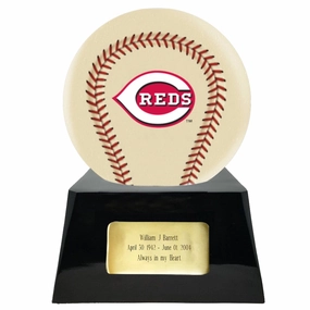 Baseball Cremation Urn with Optional Ivory Cincinnati Reds Ball Decor and Custom Metal Plaque