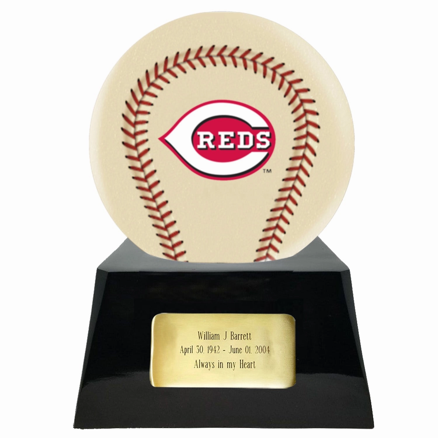 Baseball Cremation Urn with Optional Ivory Cincinnati Reds Ball Decor and Custom Metal Plaque