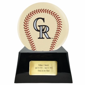 Baseball Cremation Urn with Optional Ivory Colorado Rockies Ball Decor and Custom Metal Plaque