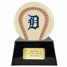Baseball Cremation Urn with Optional Ivory Detroit Tigers Ball Decor and Custom Metal Plaque