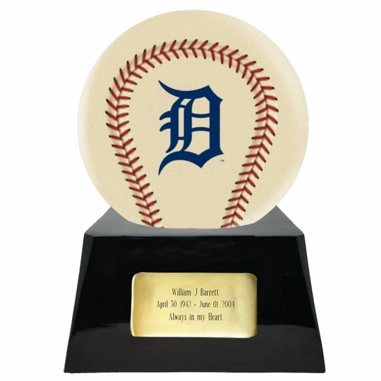 Baseball Cremation Urn with Optional Ivory Detroit Tigers Ball Decor and Custom Metal Plaque