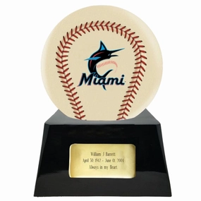 Baseball Cremation Urn with Optional Ivory Miami Marlins Ball Decor and Custom Metal Plaque
