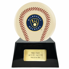 Baseball Cremation Urn with Optional Ivory Milwaukee Brewers Ball Decor and Custom Metal Plaque