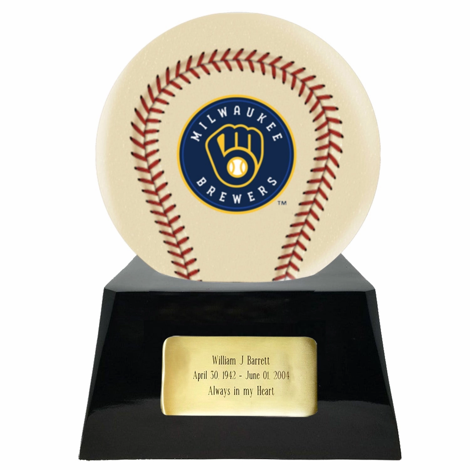Baseball Cremation Urn with Optional Ivory Milwaukee Brewers Ball Decor and Custom Metal Plaque
