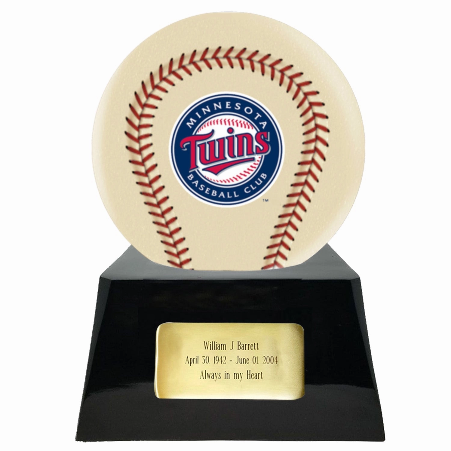 Baseball Cremation Urn with Optional Ivory Minnesota Twins Ball Decor and Custom Metal Plaque