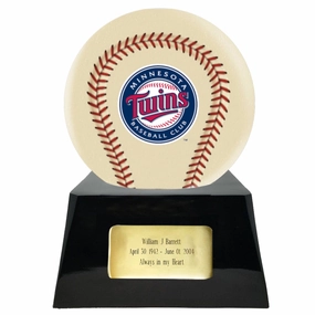 Baseball Cremation Urn with Optional Ivory Minnesota Twins Ball Decor and Custom Metal Plaque