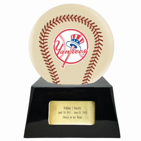 Baseball Cremation Urn with Optional Ivory New York Yankees Ball Decor and Custom Metal Plaque