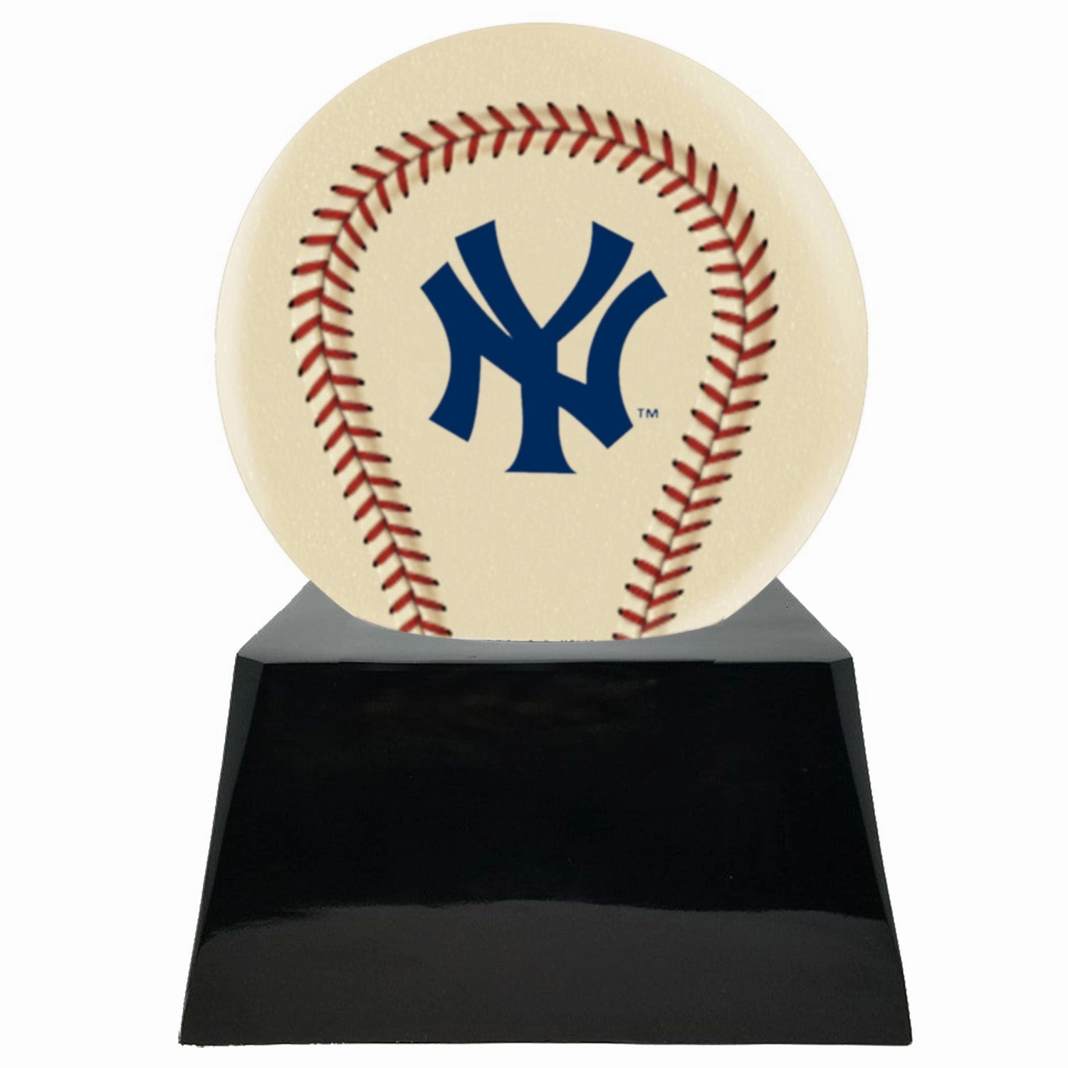 Baseball Cremation Urn with Optional Ivory New York Yankees Ball Decor and Custom Metal Plaque