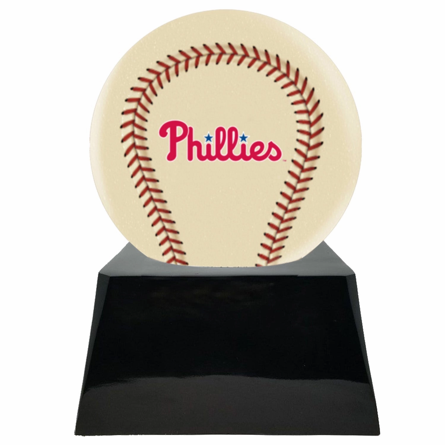 Baseball Cremation Urn with Optional Ivory Philadelphia Phillies Ball Decor and Custom Metal Plaque