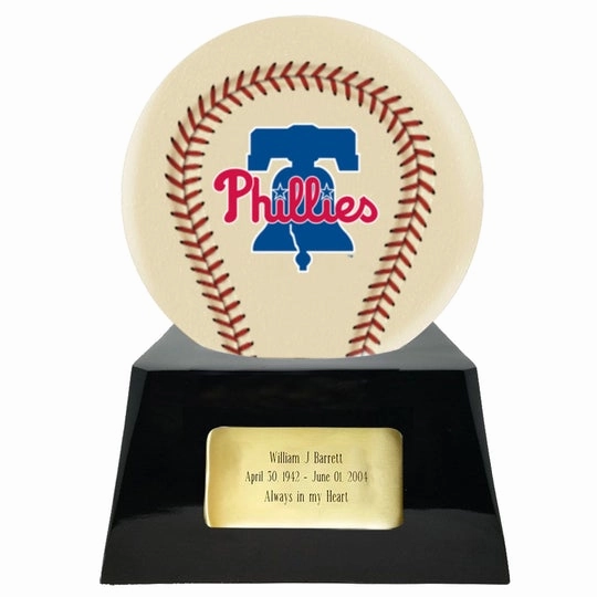 Baseball Cremation Urn with Optional Ivory Philadelphia Phillies Ball Decor and Custom Metal Plaque