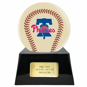 Baseball Cremation Urn with Optional Ivory Philadelphia Phillies Ball Decor and Custom Metal Plaque