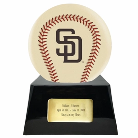 Baseball Cremation Urn with Optional Ivory San Diego Padres Ball Decor and Custom Metal Plaque