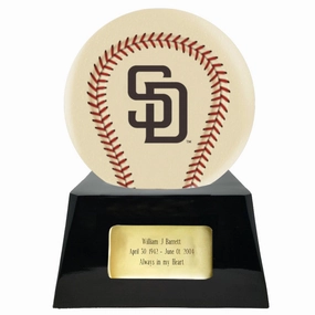 Baseball Cremation Urn with Optional Ivory San Diego Padres Ball Decor and Custom Metal Plaque