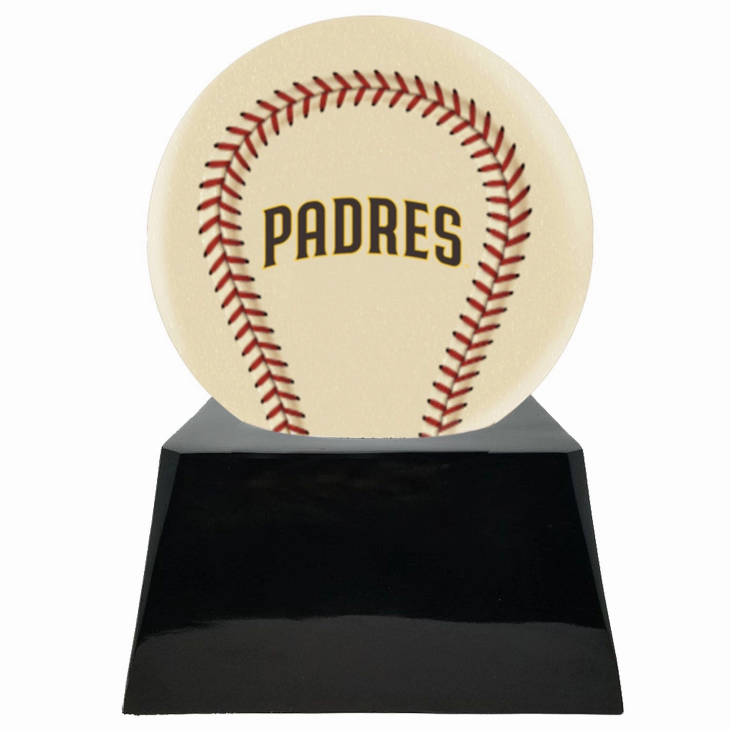 Baseball Cremation Urn with Optional Ivory San Diego Padres Ball Decor and Custom Metal Plaque
