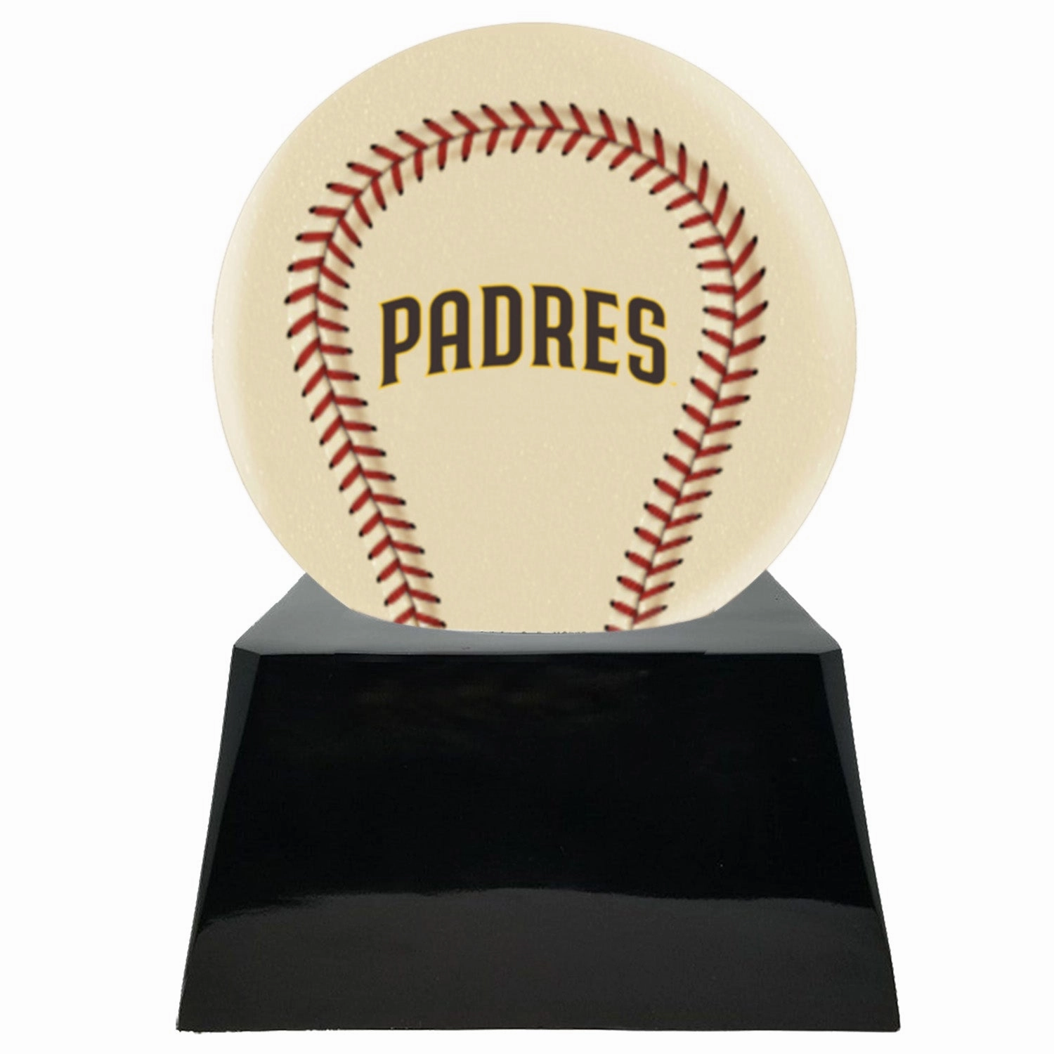 Baseball Cremation Urn with Optional Ivory San Diego Padres Ball Decor and Custom Metal Plaque