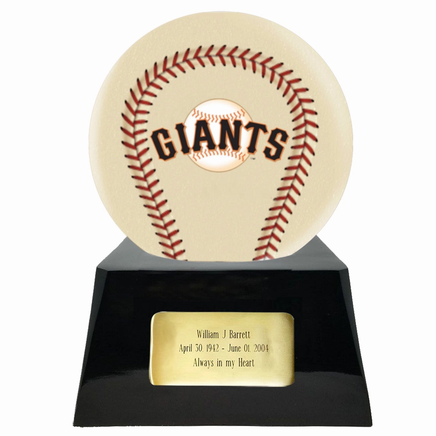Baseball Cremation Urn with Optional Ivory San Francisco Giants Ball Decor and Custom Metal Plaque