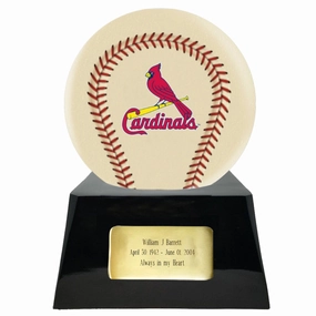 Baseball Cremation Urn with Optional Ivory St. Louis Cardinals Ball Decor and Custom Metal Plaque