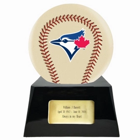 Baseball Cremation Urn with Optional Ivory Toronto Blue Jays Ball Decor and Custom Metal Plaque
