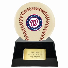 Baseball Cremation Urn with Optional Ivory Washington Nationals Ball Decor and Custom Metal Plaque