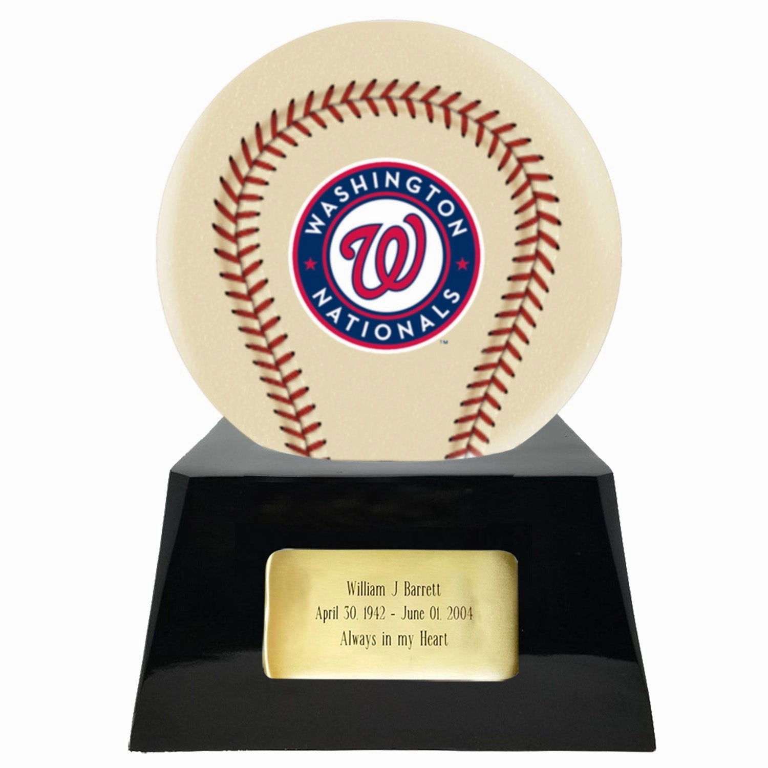 Baseball Cremation Urn with Optional Ivory Washington Nationals Ball Decor and Custom Metal Plaque