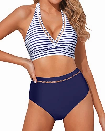 Breathable Mesh V Neck High Waisted Bikini Sets For Women-Blue White Stripe