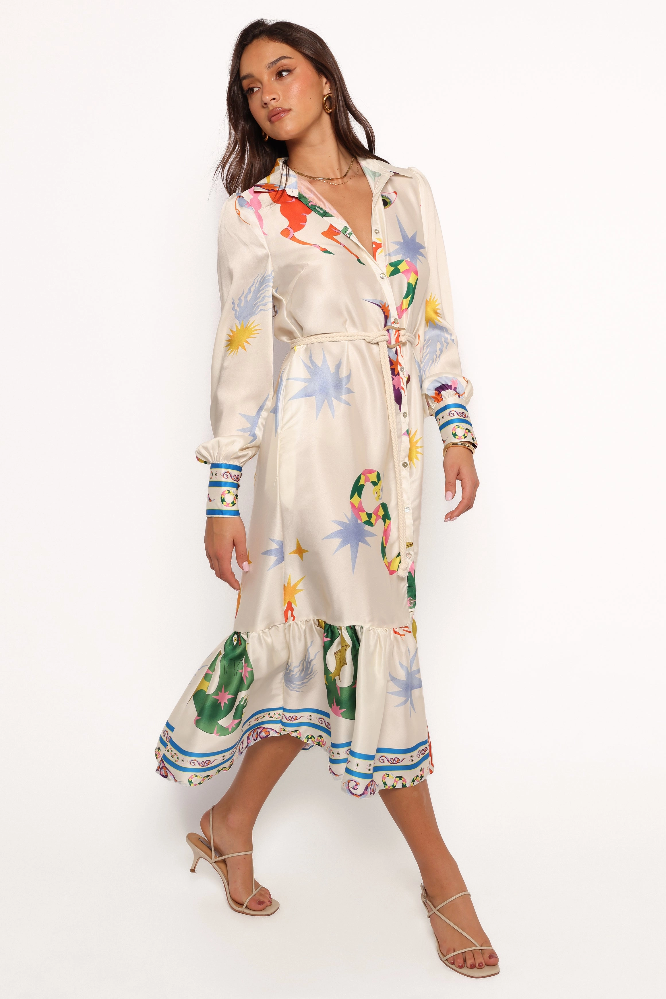 Calie Long Sleeve Midi Dress - White/Orange