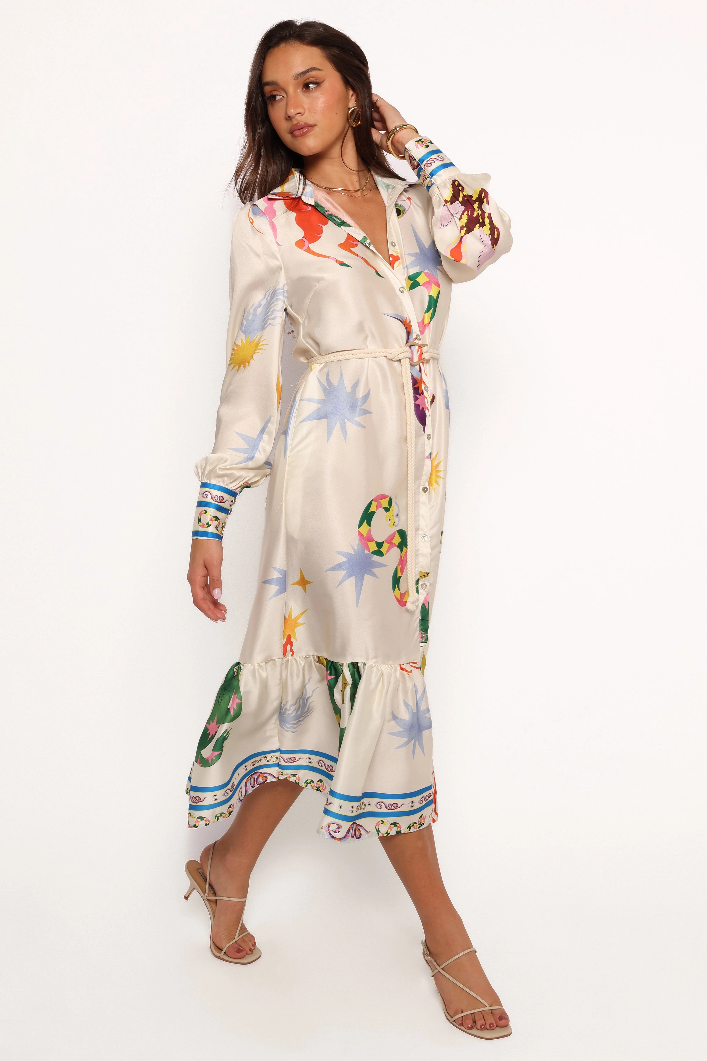 Calie Long Sleeve Midi Dress - White/Orange