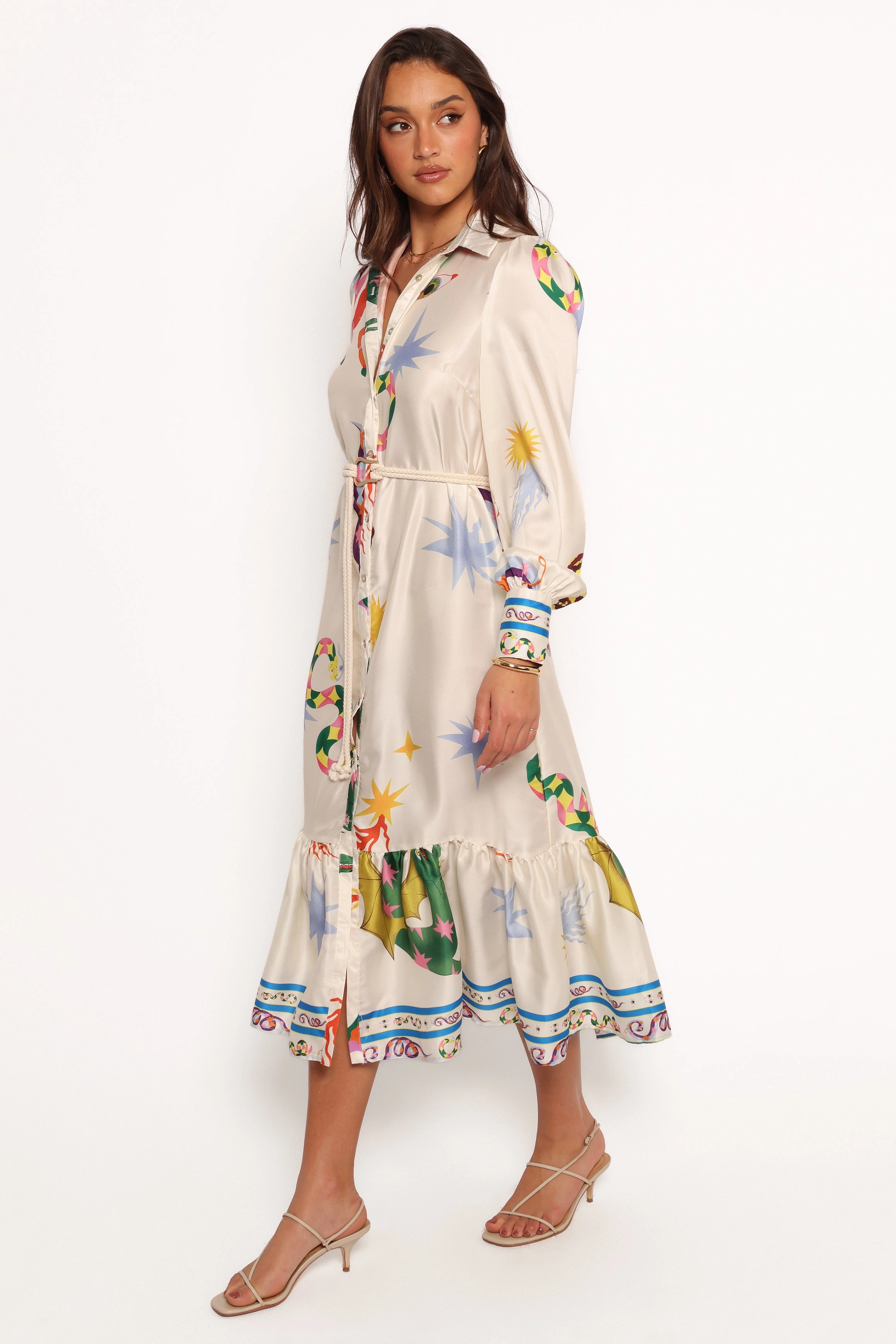 Calie Long Sleeve Midi Dress - White/Orange