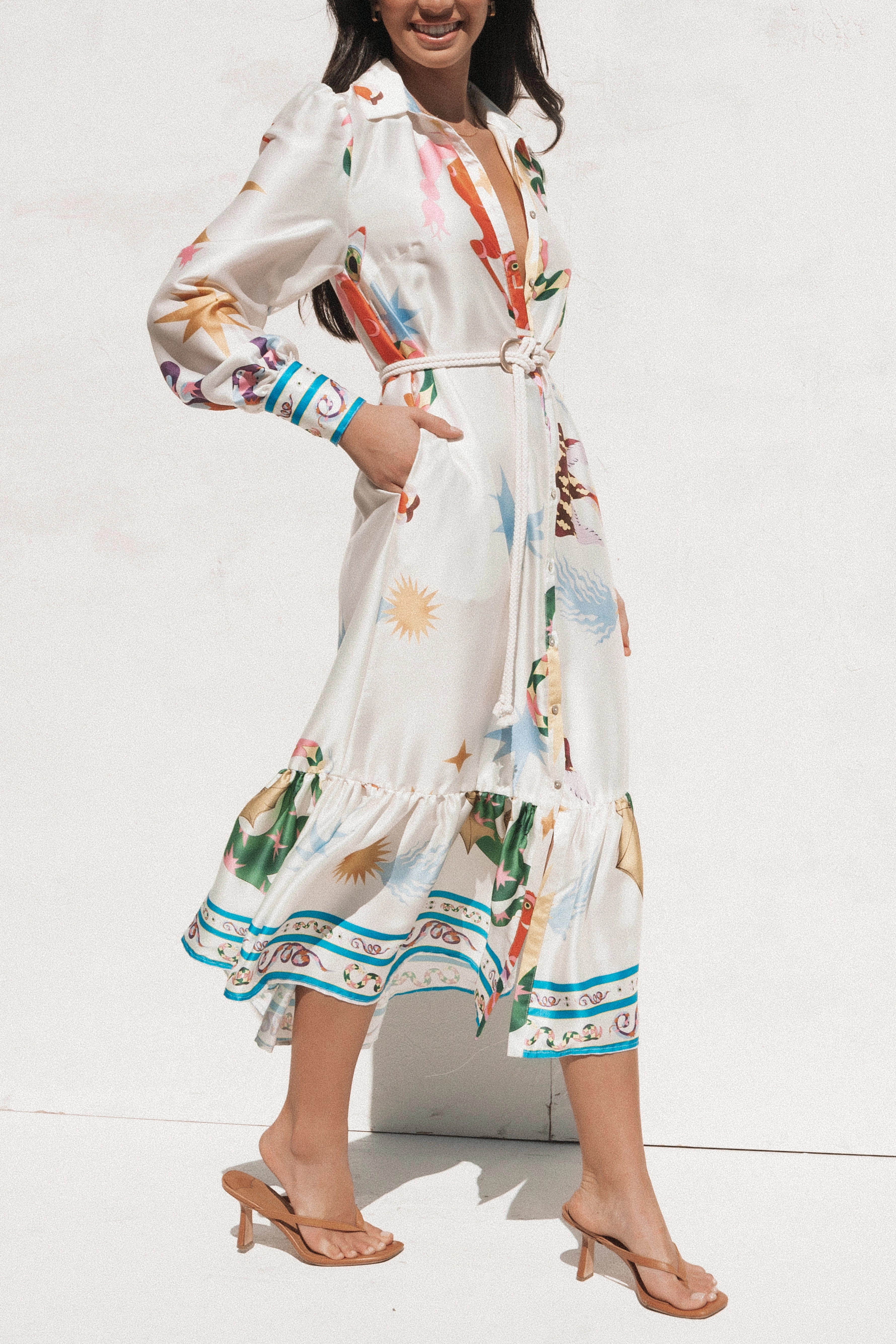 Calie Long Sleeve Midi Dress - White/Orange