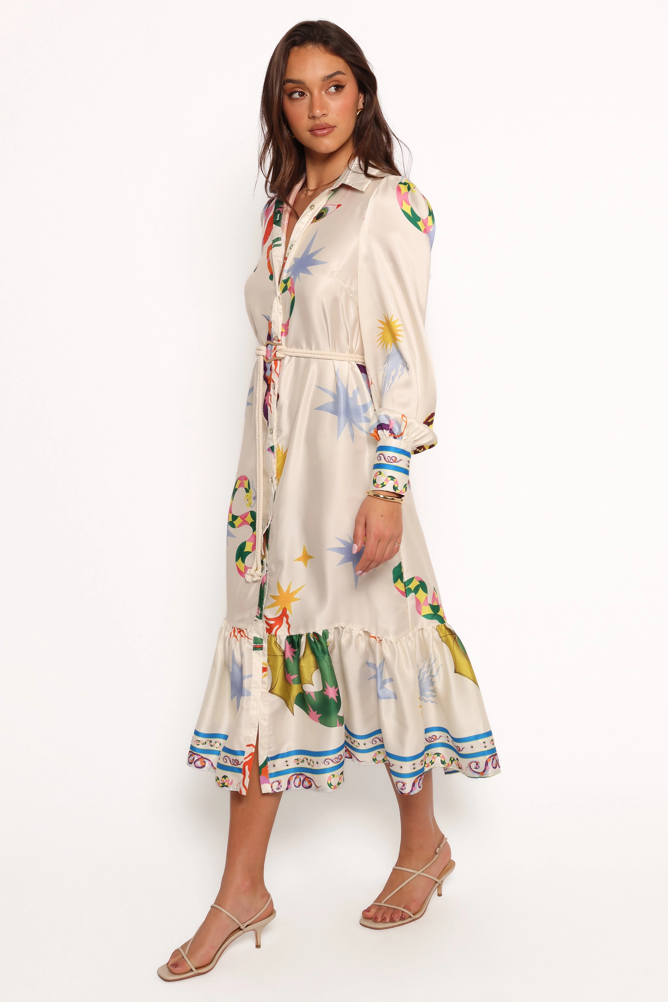 Calie Long Sleeve Midi Dress - White/Orange