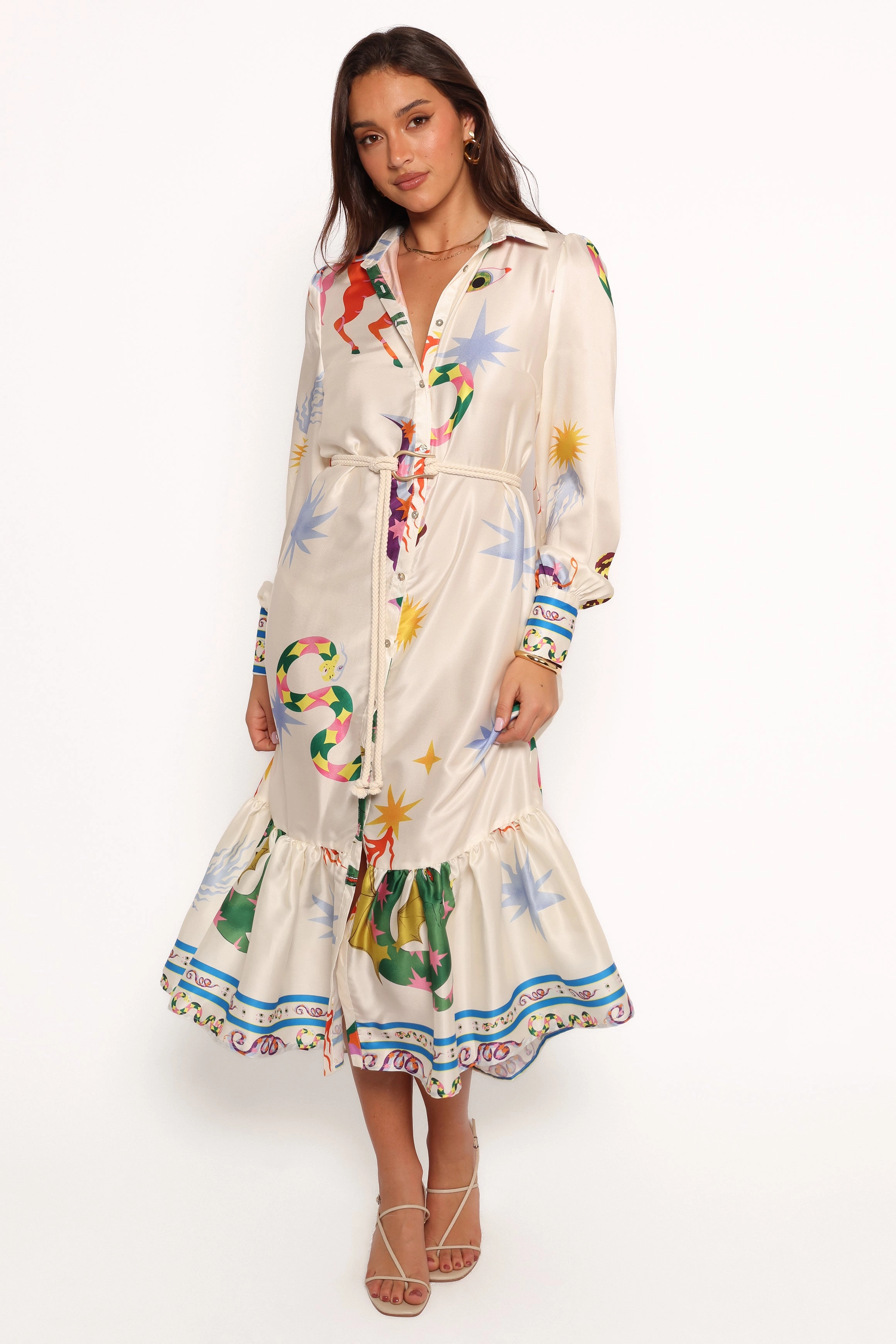Calie Long Sleeve Midi Dress - White/Orange