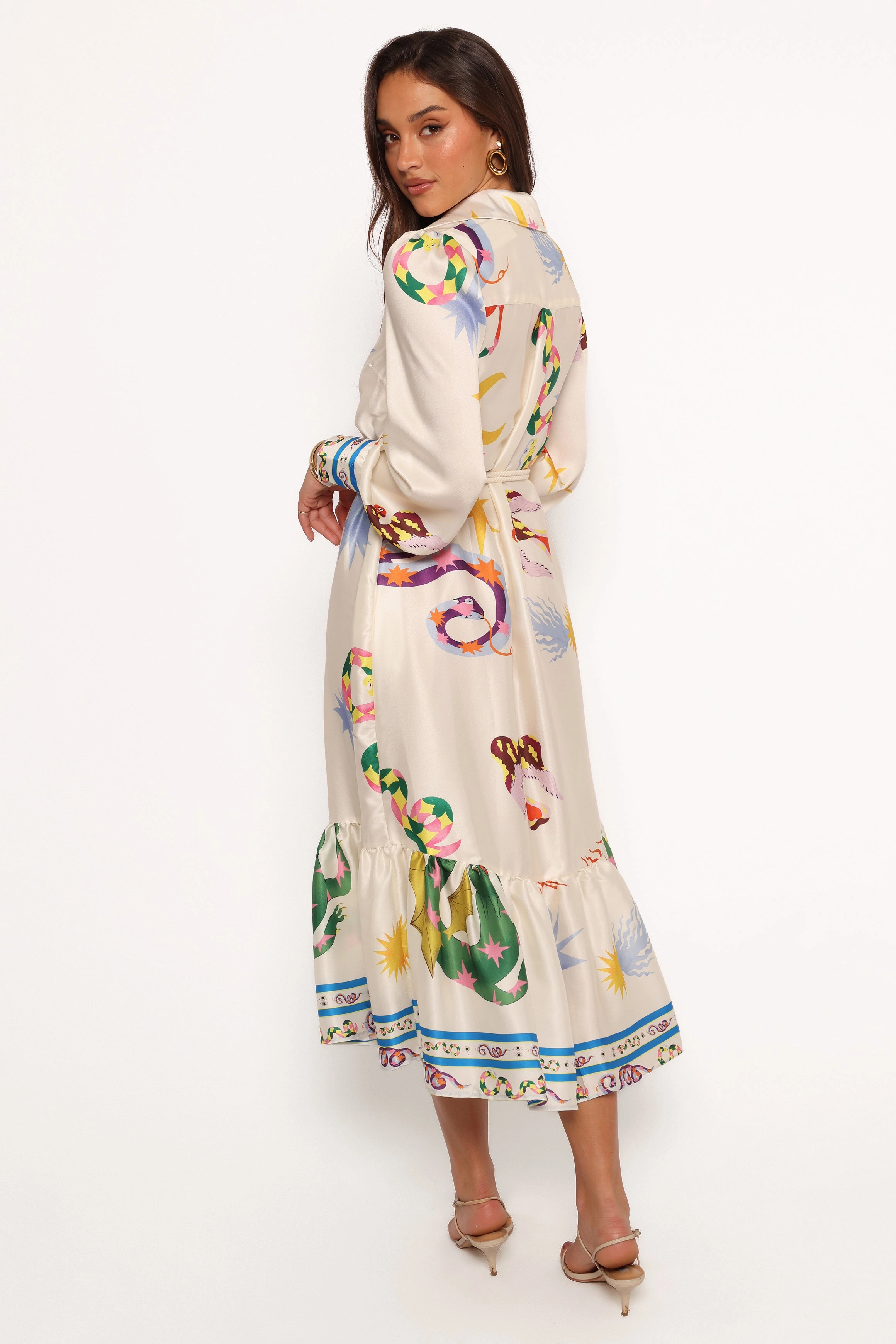 Calie Long Sleeve Midi Dress - White/Orange