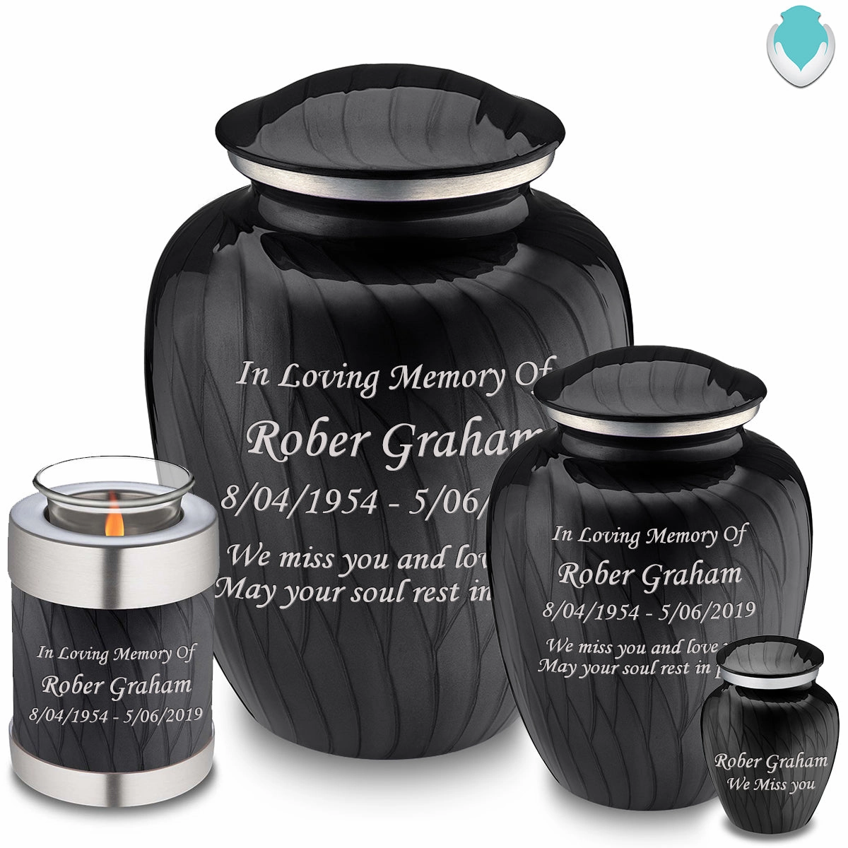 Candle Holder Embrace Pearl Black Custom Engraved Text Cremation Urn