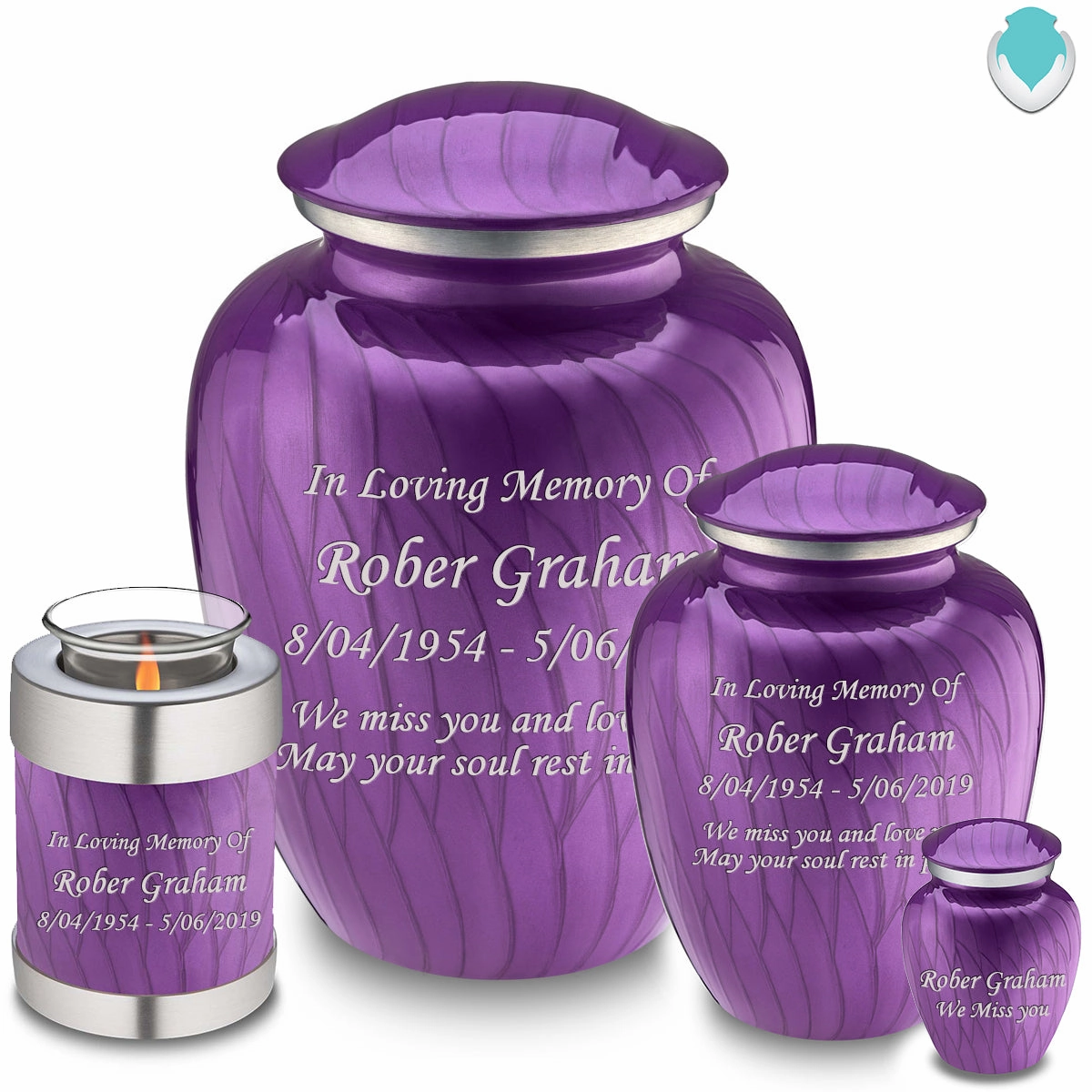 Candle Holder Embrace Pearl Purple Custom Engraved Text Cremation Urn