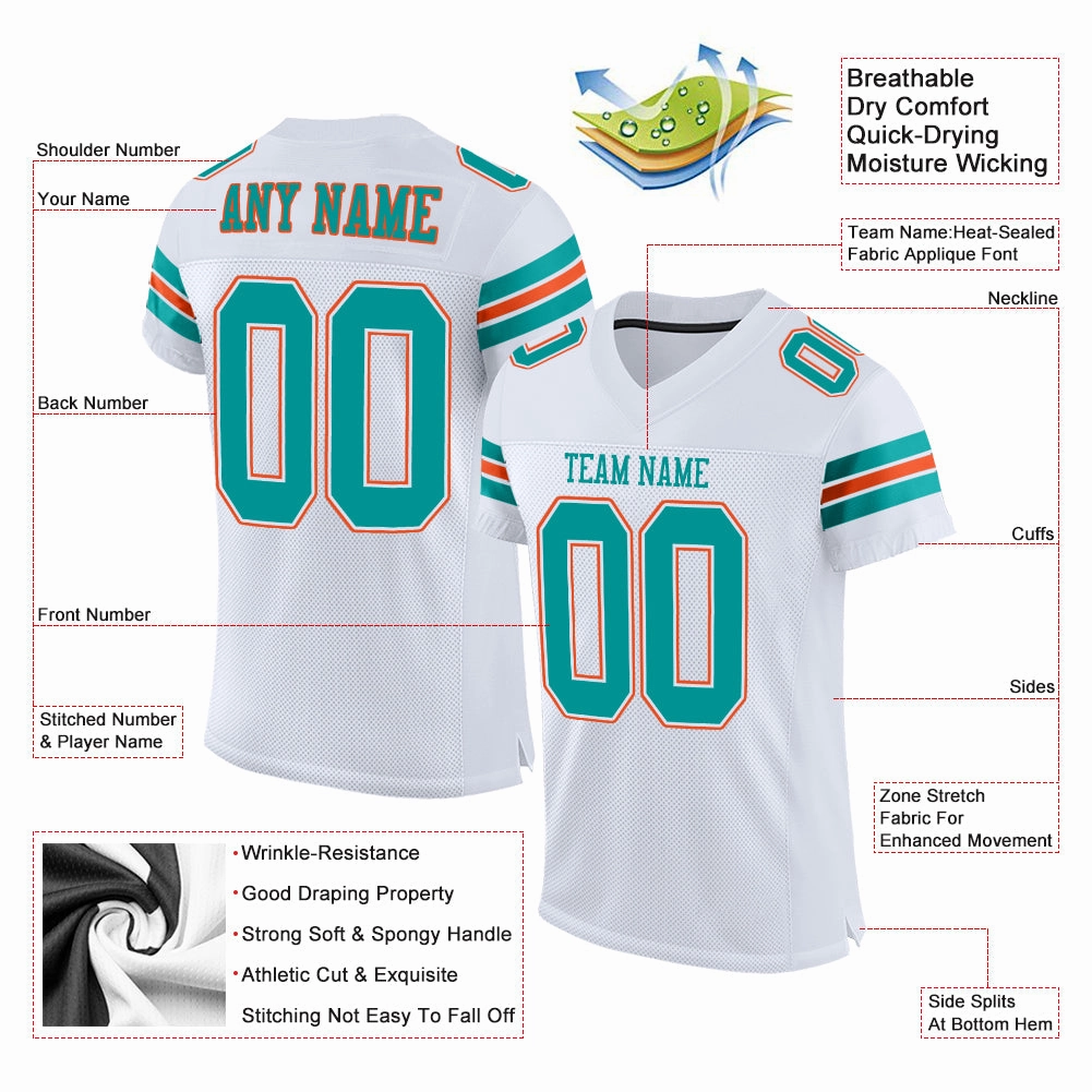Custom White Aqua-Orange Mesh Authentic Football Jersey