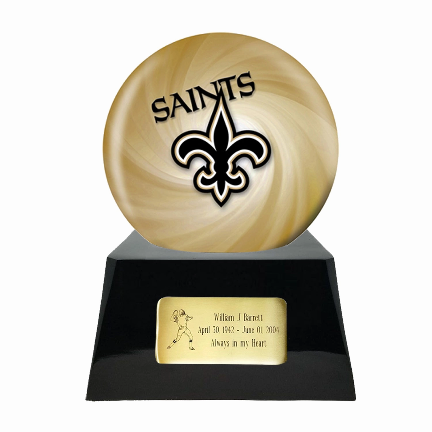 Football Cremation Urn with Optional New Orleans Saints Ball Decor and Custom Metal Plaque
