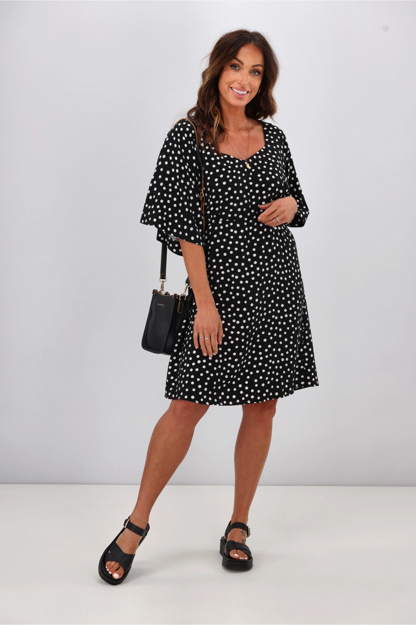 Gloss by Shine On Erin Kimono Sleeve Dress Black Polka Dot