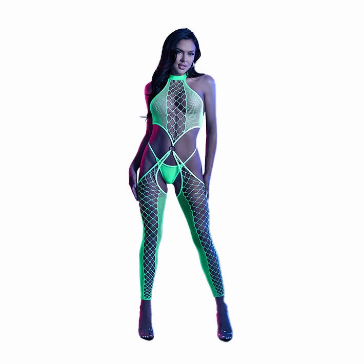 Glow High Voltage High Neck Bodystocking & G-String
