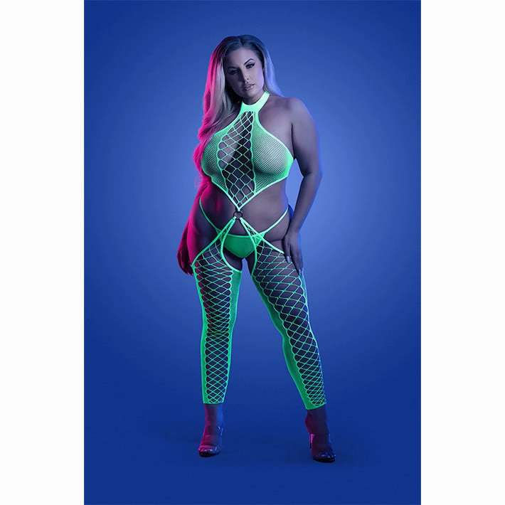 Glow High Voltage High Neck Bodystocking & G-String