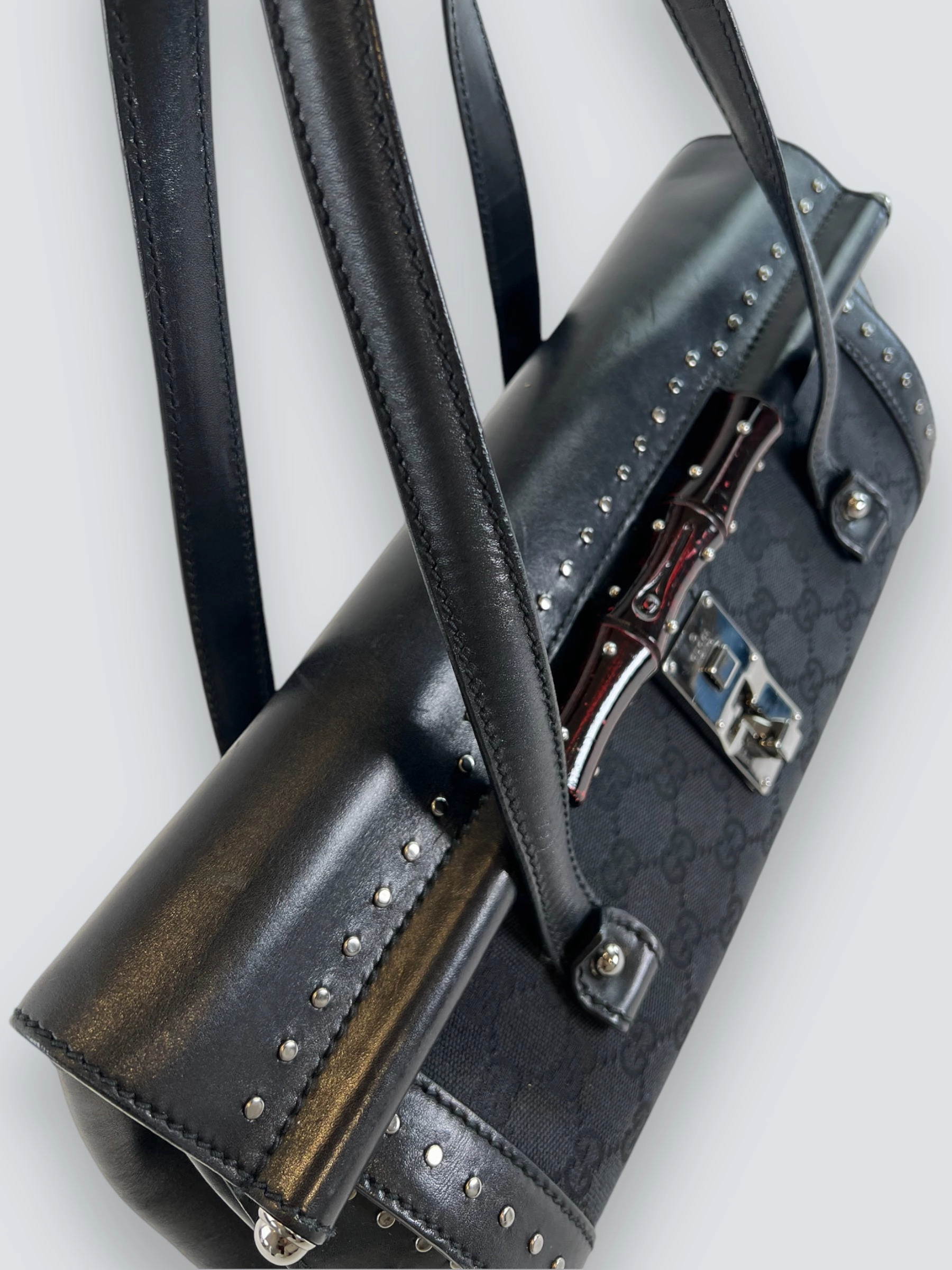Gucci Black Limited Edition Monogram Canvas & Leather With Bamboo Detail Shoulder Bag