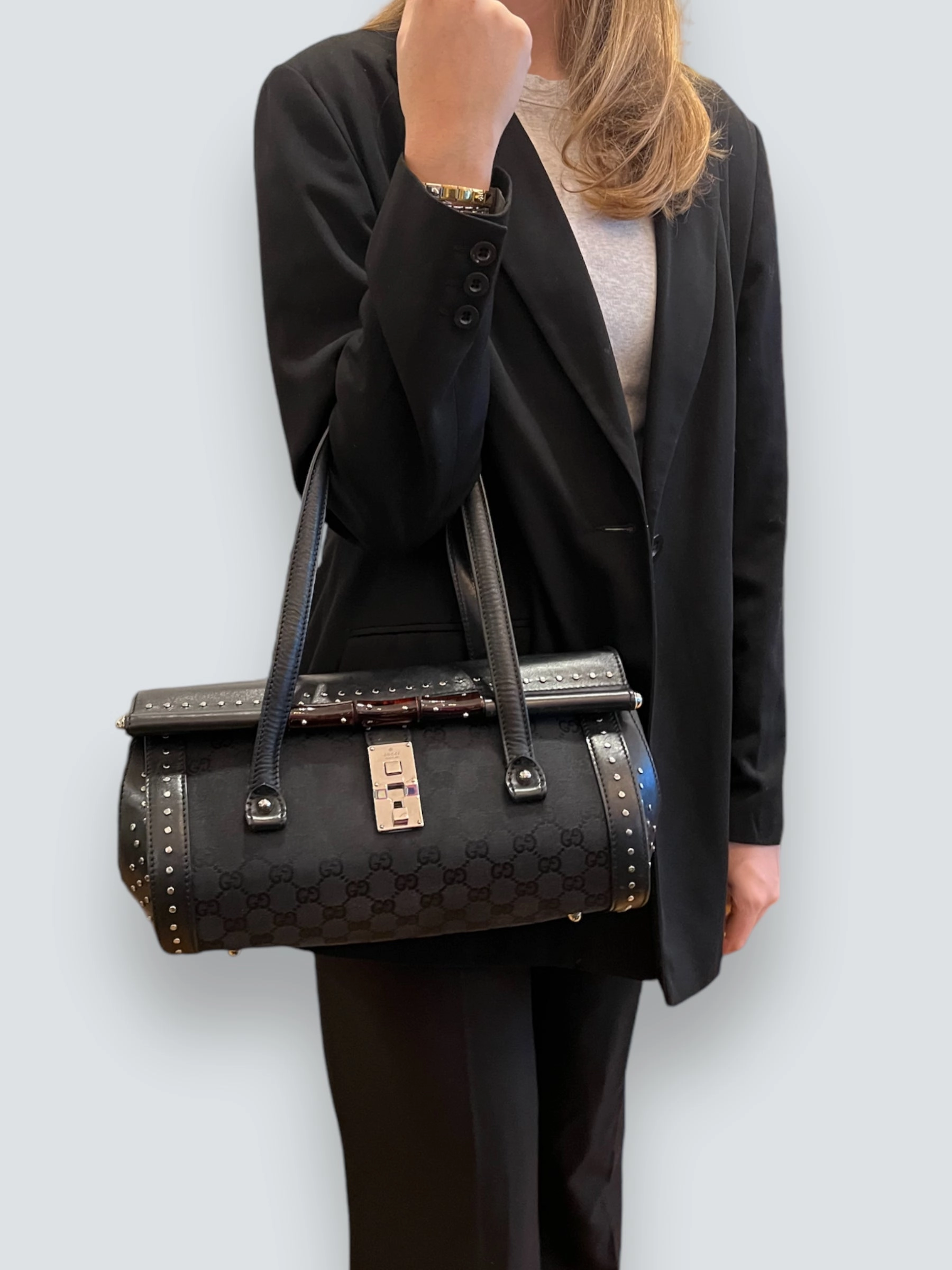 Gucci Black Limited Edition Monogram Canvas & Leather With Bamboo Detail Shoulder Bag