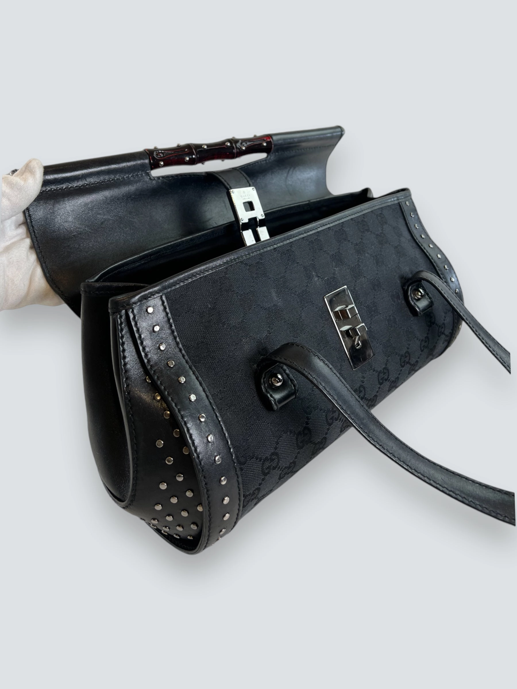 Gucci Black Limited Edition Monogram Canvas & Leather With Bamboo Detail Shoulder Bag