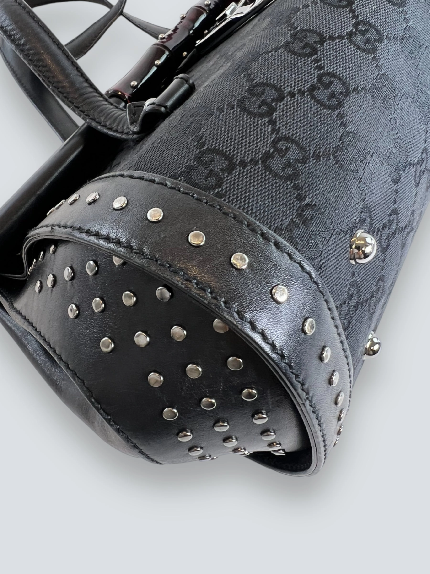 Gucci Black Limited Edition Monogram Canvas & Leather With Bamboo Detail Shoulder Bag
