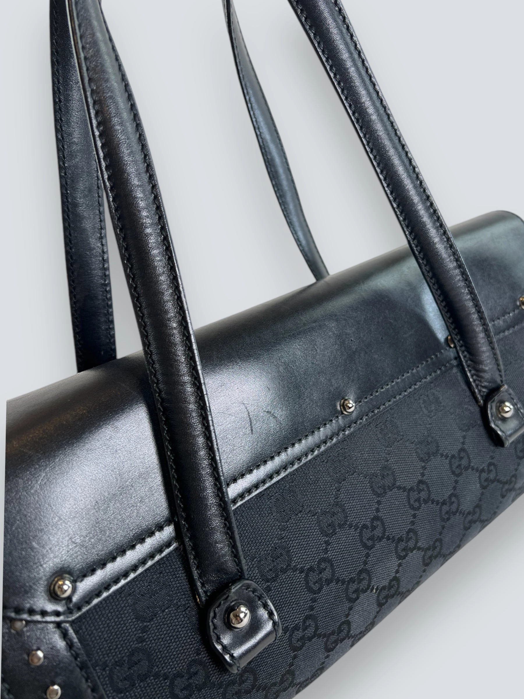Gucci Black Limited Edition Monogram Canvas & Leather With Bamboo Detail Shoulder Bag